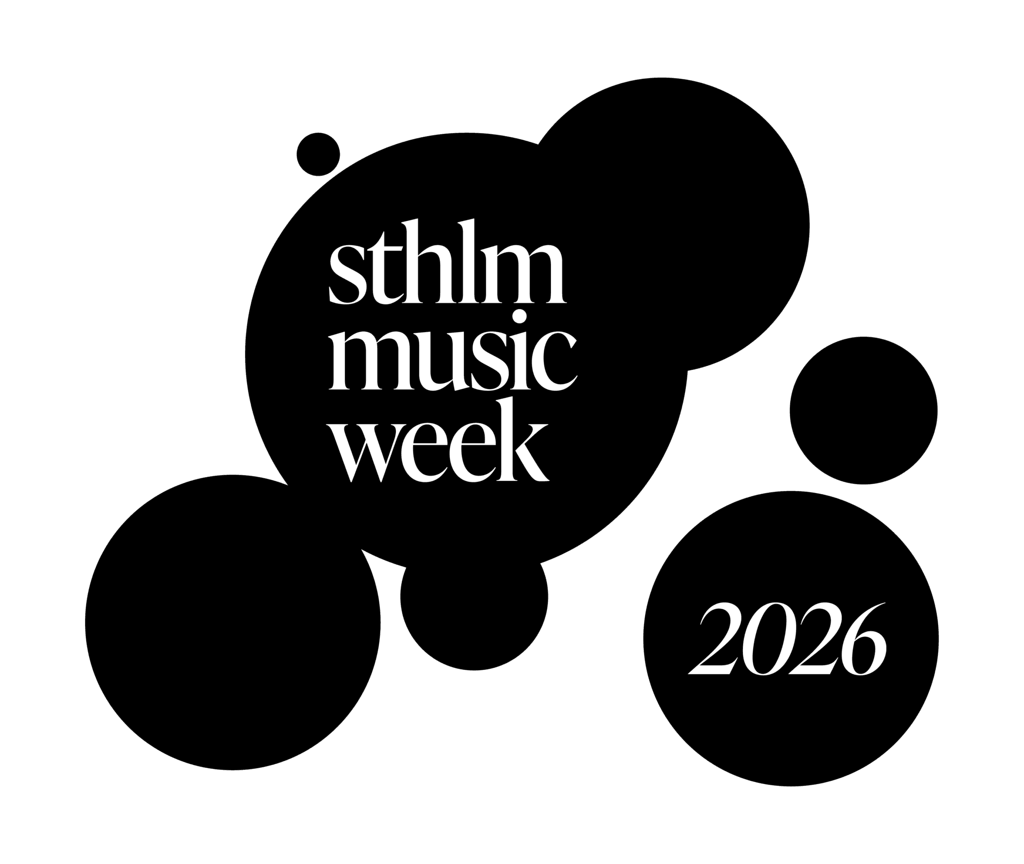 The text “sthlm music week” appears centered in clean white typography on a black background, with “2026” placed in the lower right corner. The image functions as a graphic logo or title for a music event.