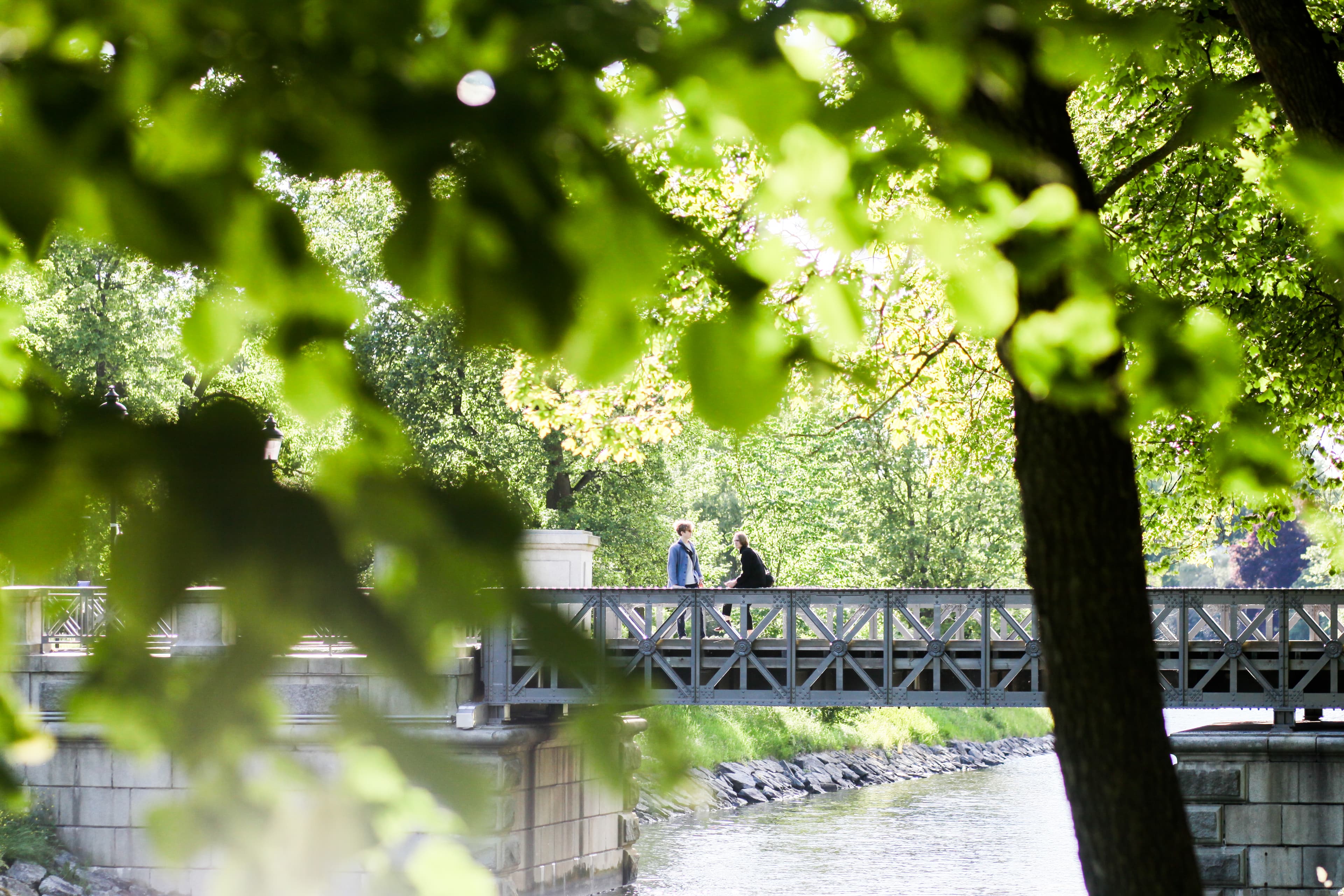 Två personer står och pratar på en gångbro över en kanal, omgivna av grönskande träd i en park.
